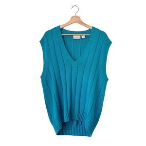 Vintage Nordstrom Teal 100% Cotton Preppy Sweater Vest- Size Large Bold Dopamine